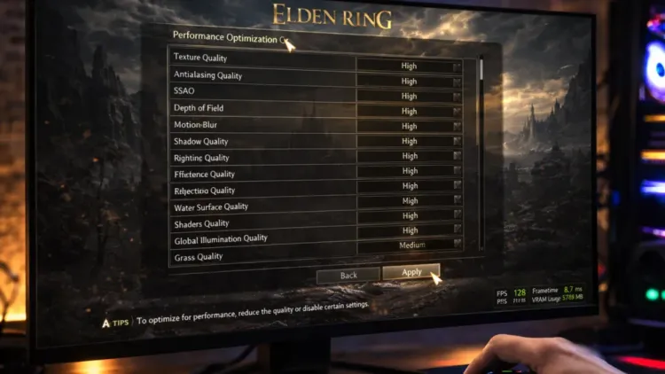The Elden Ring in-game graphics settings menu used to adjust GPU usage and fix performance stuttering.