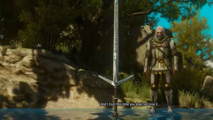 Geralt of Rivia receives the legendary Aerondight silver sword as it floats in the air in The Witcher 3