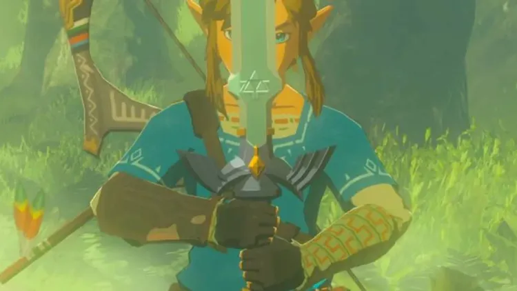 Link approaches the legendary Master Sword resting in its pedestal within Breath of the Wild's Korok Forest.