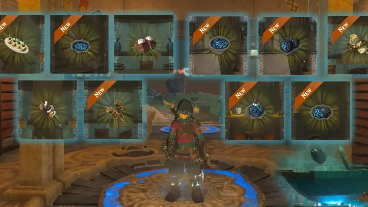 Link stands before Gloom resistance armor sets and Sundelion recipes in The Legend of Zelda: Tears of the Kingdom.