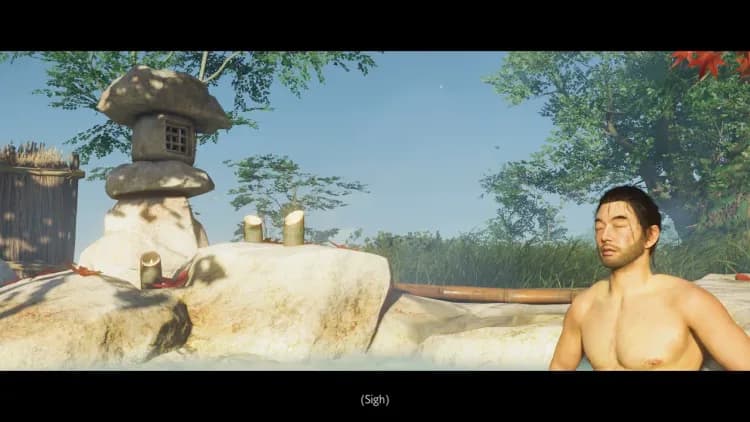 Jin Sakai relaxes in a hot spring in Ghost of Tsushima to increase his maximum health capacity.