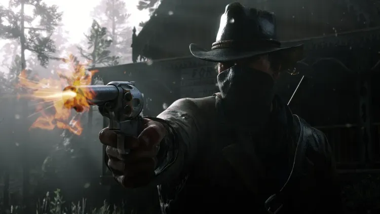 Arthur Morgan fires a revolver in Red Dead Redemption 2, showcasing the intensity of the Dead Eye mechanic.