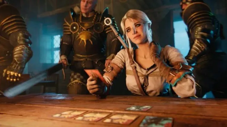 Geralt of Rivia sits at a wooden table preparing to play a high stakes game of Gwent in The Witcher 3.