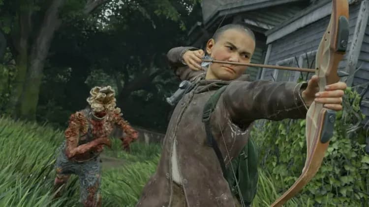 Ellie aims a bow at a mutated Clicker in a lush forest setting in The Last of Us Part II Remastered No Return mode.