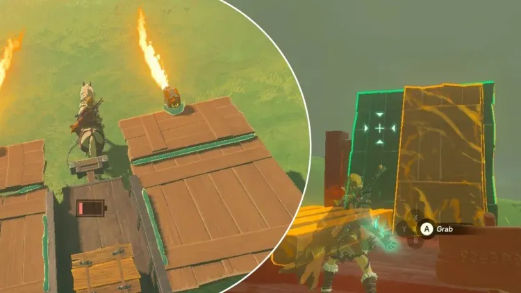 Link uses the Ultrahand ability in The Legend of Zelda: Tears of the Kingdom to assemble a complex wooden contraption.