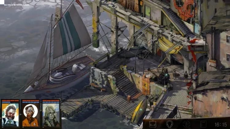 A skill check interface in Disco Elysium showing the protagonist interacting with a character in a gritty room.
