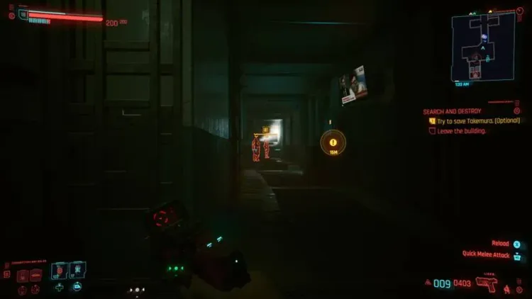 V navigates a dark corridor in Cyberpunk 2077 to find and save Takemura during the Search and Destroy mission.