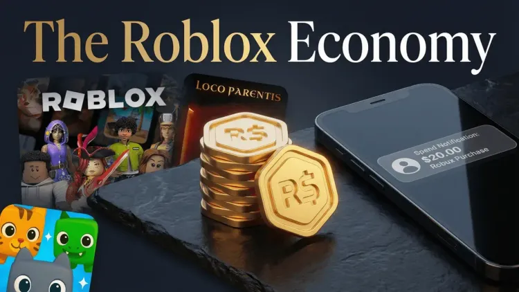 A smartphone showing a Robux purchase notification next to gold coins and Roblox game icons representing the virtual economy.
