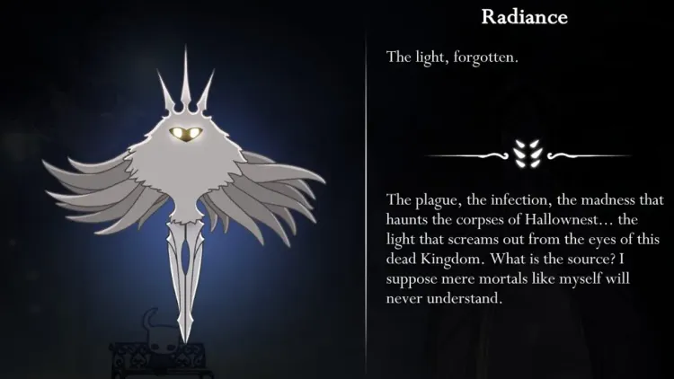 The Radiance boss in Hollow Knight floats with glowing wings and a crown above a dark shadowy figure.