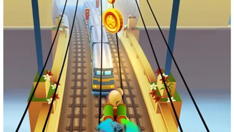 Subway Surfers gameplay screenshot showing a character dodging trains while collecting gold coins on the tracks.