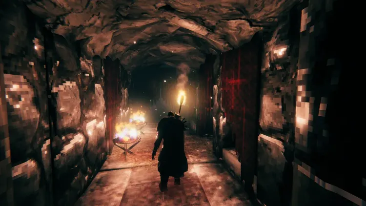 Valheim character carrying a torch through a Frost Cave