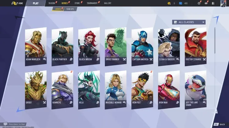 The Marvel Rivals hero selection menu featuring Black Panther, Captain America, and Iron Man for beginner players.
