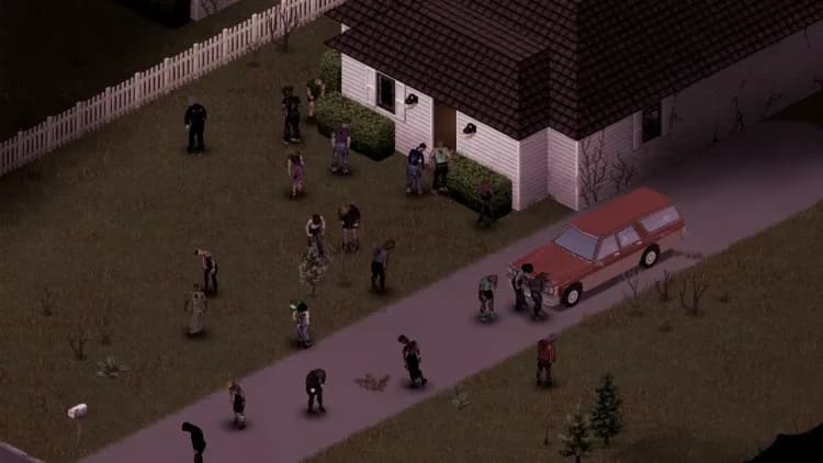 A large crowd of zombies gathered in a suburban yard beside a white picket fence in Project Zomboid