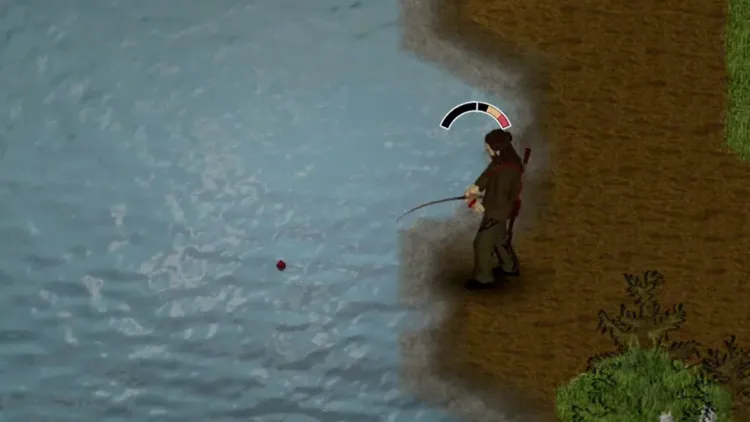 Project Zomboid survivor fishing from a shoreline with the tension meter visible.