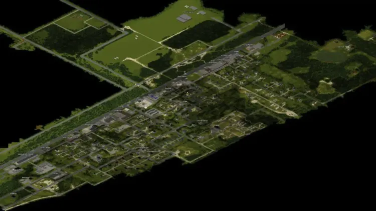 Isometric Project Zomboid map showing a rural town and surrounding farmland.