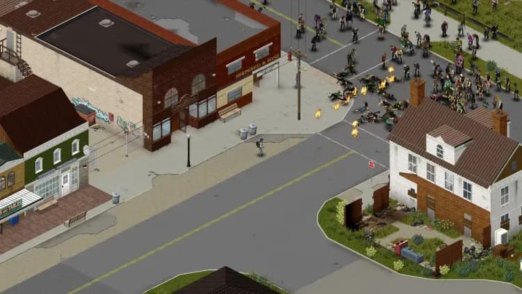 A Project Zomboid street corner packed with a standing zombie horde, with a plank-boarded house on the right