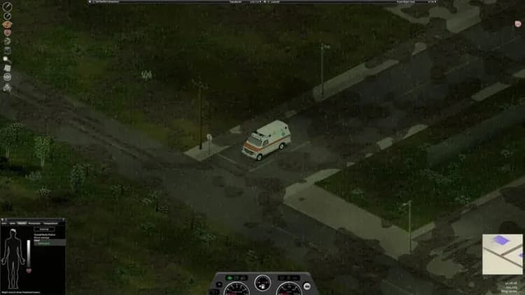 Rain sweeping across Knox Country at night in Project Zomboid, filling every outdoor rain collector