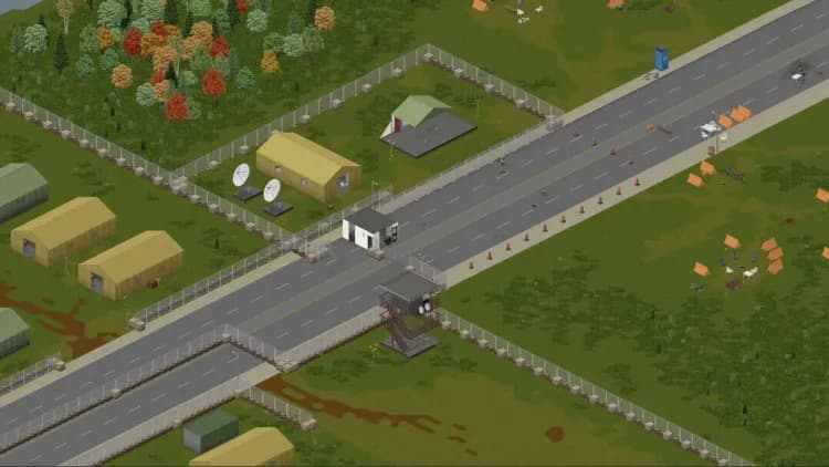 Isometric view of the Project Zomboid Louisville border camp: Dixie Highway running through the military checkpoint, guard tower and gatehouse, army tents behind the wire and refugee tents on the far verge