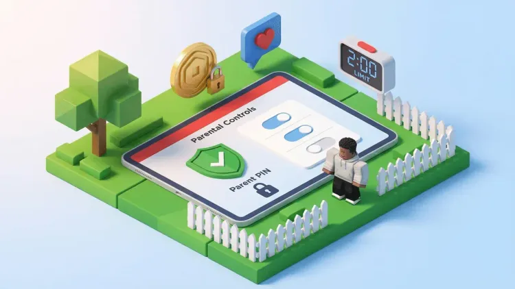 A digital illustration of Roblox parental controls featuring safety icons like shields, locks, and screen time clocks.
