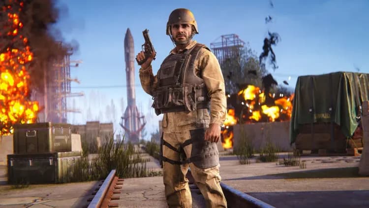 A player wearing Ballistic Armour at Launch Site in Rust.