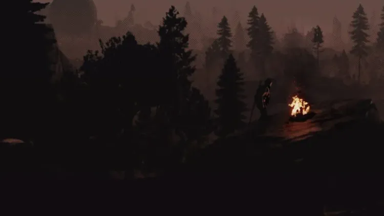Rust survivor beside a campfire in a forested wilderness