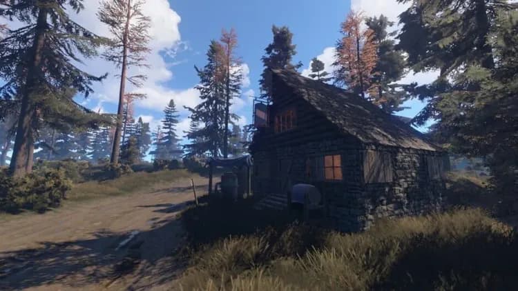Rust stone base in a forest clearing, illustrating a finished build layout