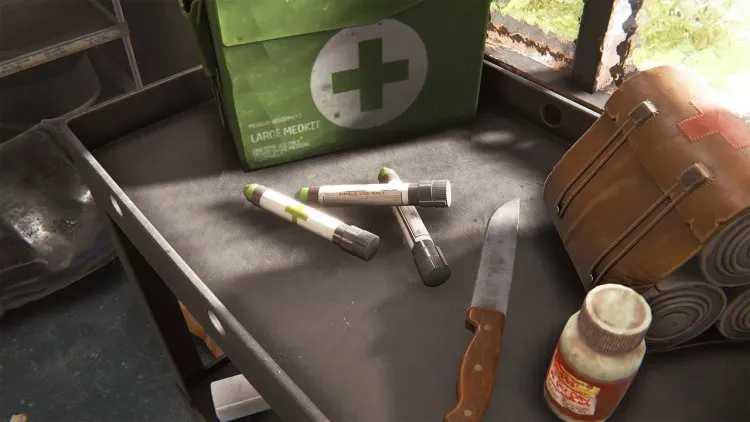 Medical Syringes beside a Large Medkit and rolled bandages in Rust
