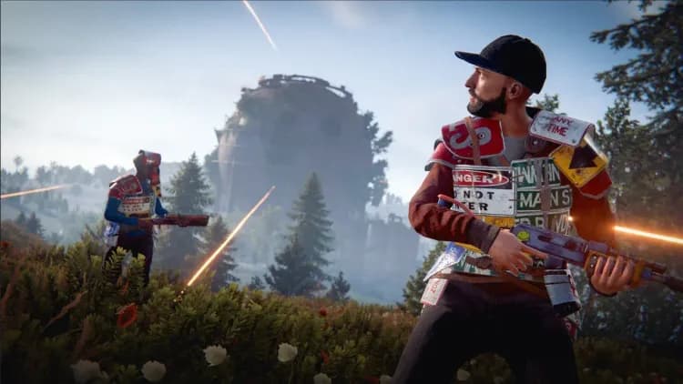 Two Rust players firing in a forested area with muzzle flashes and a monument behind them.