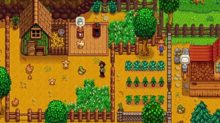 A group of players working together on a farm in Stardew Valley, highlighting the game's social multiplayer features.