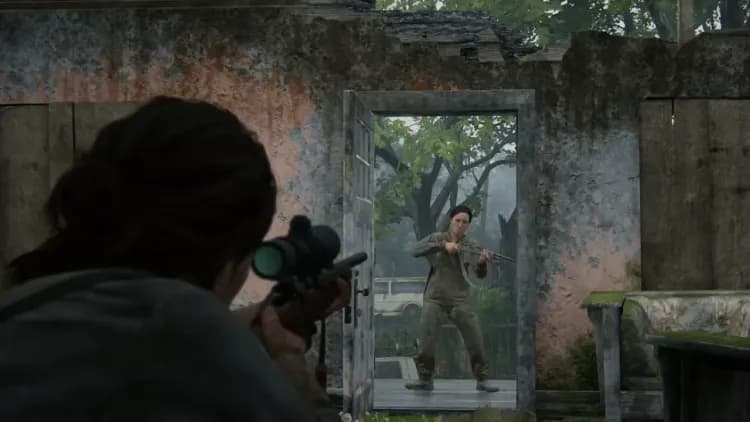 Ellie aims a sniper rifle from cover in The Last of Us Part II, highlighting tactical combat and positioning.