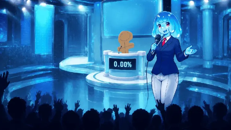 A blue-haired host character with a microphone addresses a crowd in The Choicer Voicer local multiplayer mode.