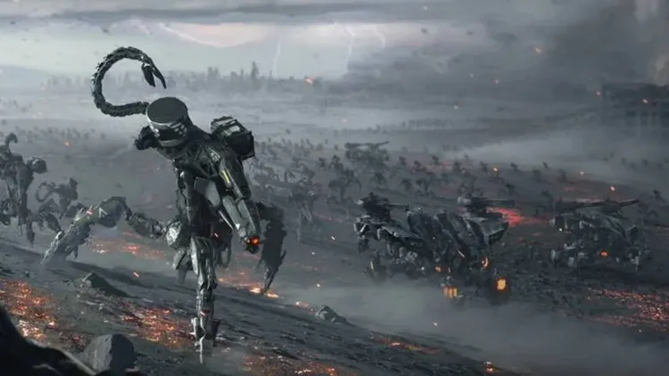 A massive Faro Plague Chariot machine looms over a desolate landscape in Horizon Zero Dawn.