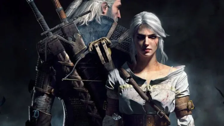 Geralt of Rivia and Ciri stand together in battle-worn attire in The Witcher 3: Wild Hunt.