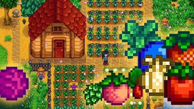 A thriving Stardew Valley farm with various crops and characters, illustrating the game's profitable farming mechanics.
