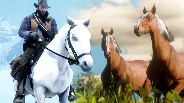 Arthur Morgan riding a white horse alongside a group of brown horses in a grassy Red Dead Redemption 2 field