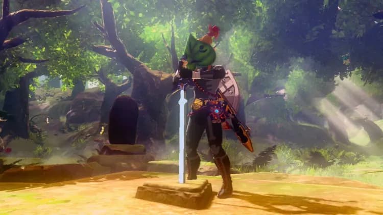 Link stands before the Master Sword pedestal in the Korok Forest during the Trial of the Sword in Breath of the Wild.
