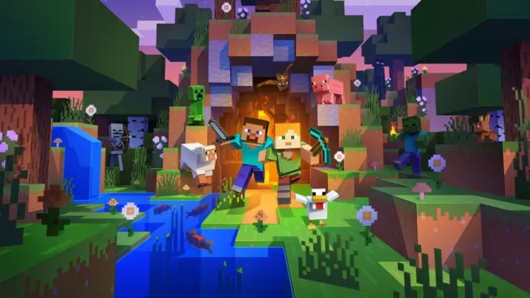 Official Minecraft artwork depicting Steve and Alex exploring a blocky landscape.