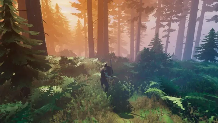A lone Viking walking through a misty Valheim forest at sunrise