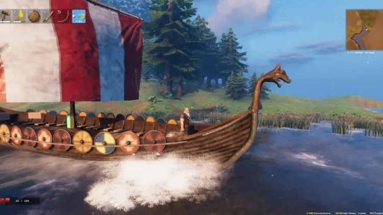 Valheim Viking sailing a longship across a bright bay
