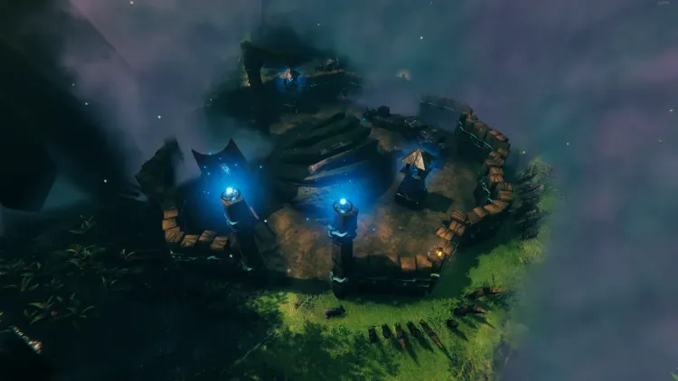 An inhabited Dvergr Excavation Site in Valheim's Mistlands, its stake-ringed camp built around a Giant ribcage with blue mist-lights and a crane