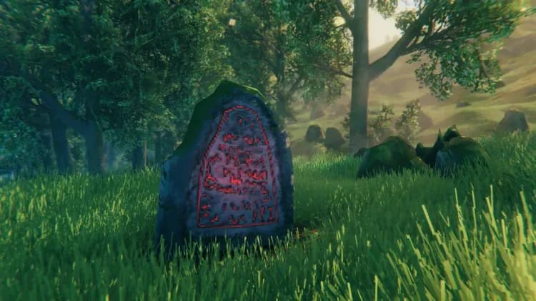 A Valheim runestone standing in sunlit Meadows grass, its red runes glowing on the dark stone face