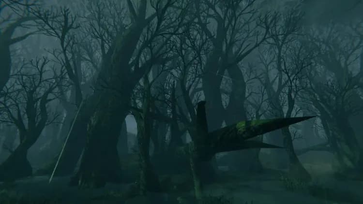 Valheim's Swamp at night, bare ancient trees standing in black water under heavy mist