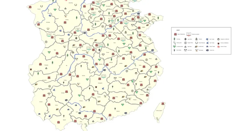 A detailed War of the Three Kingdoms campaign map showing faction territories and strategic resource locations.