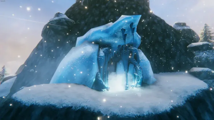 The ice-covered entrance to a Howling Caverns dungeon on a Valheim mountainside