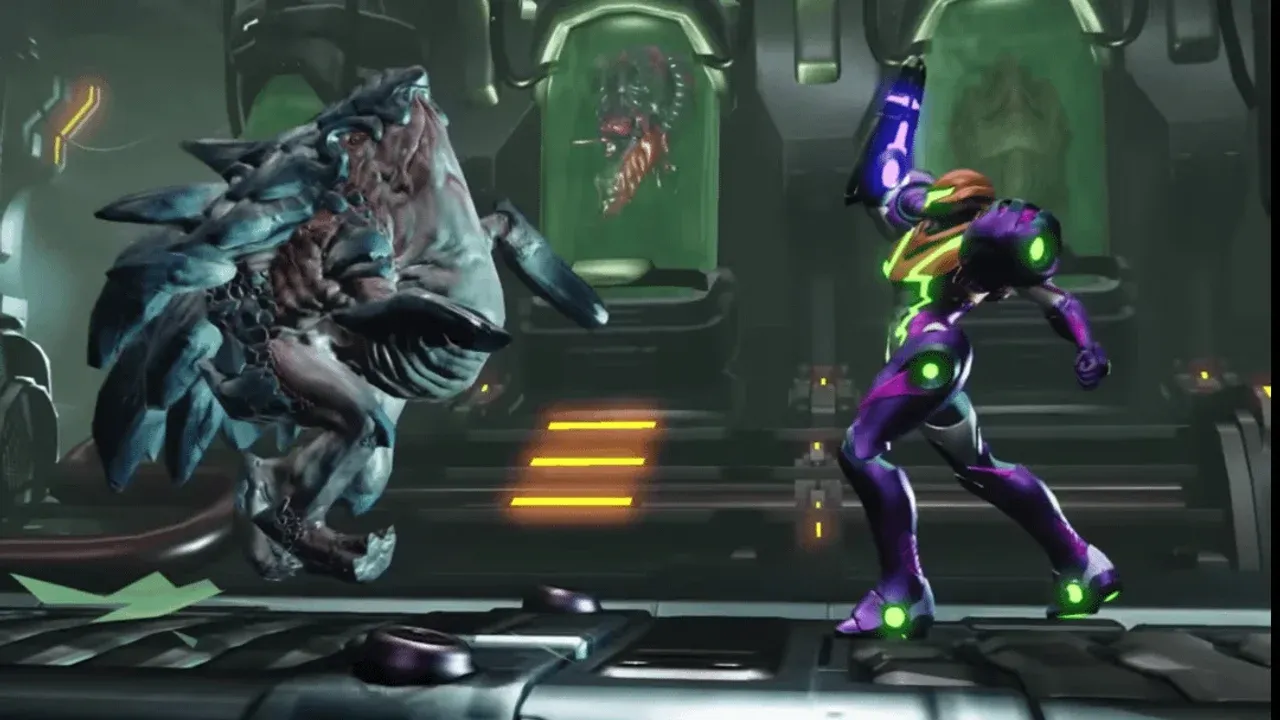 Samus Aran confronts a massive, raptor-like alien creature during a boss battle in Metroid Dread.