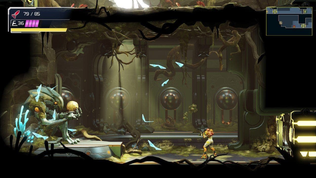 Samus Aran realiza un parry de contrataque cuerpo a cuerpo contra un jefe en Metroid Dread