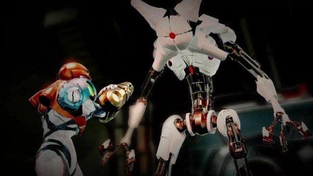Samus Aran se encuentra con una aterradora unidad E.M.M.I. en las zonas de sigilo de alta tensión de Metroid Dread.