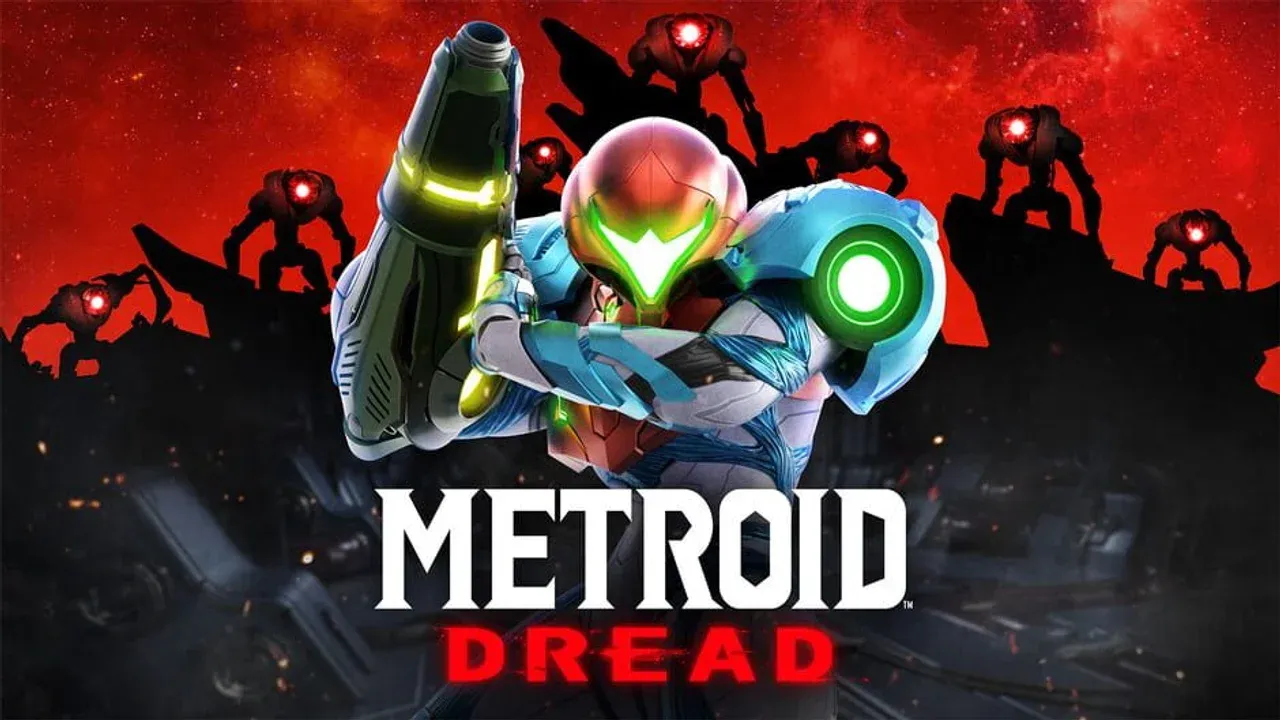 Samus Aran stands in her power suit against a dark background in this official Metroid Dread promotional artwork.