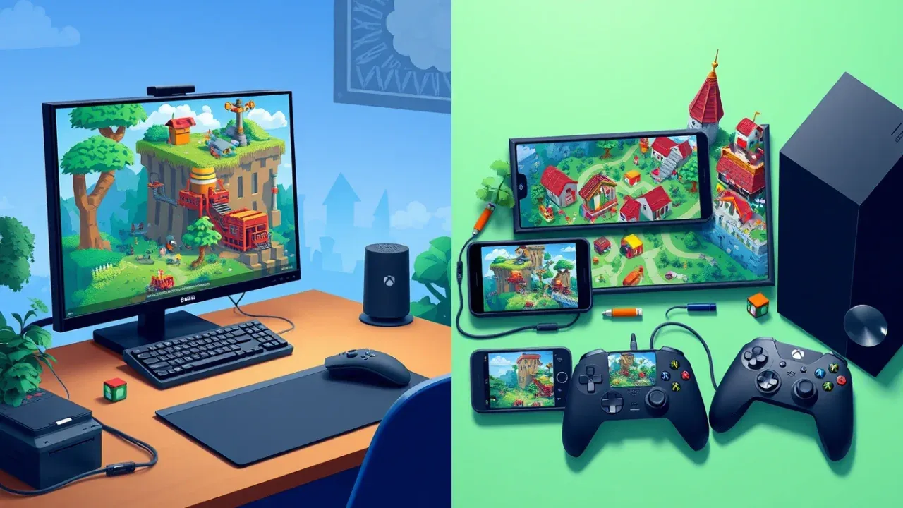 Minecraft Java and Bedrock editions displayed across multiple devices highlighting 2026 cross-platform compatibility.