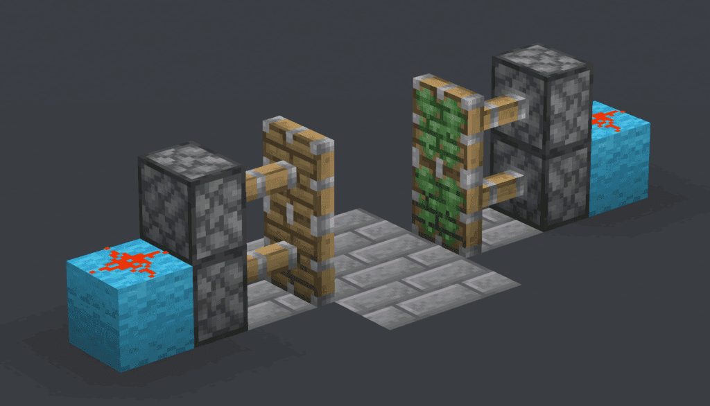 Minecraft sticky pistons stacked vertically to create a 2x2 hidden door mechanism